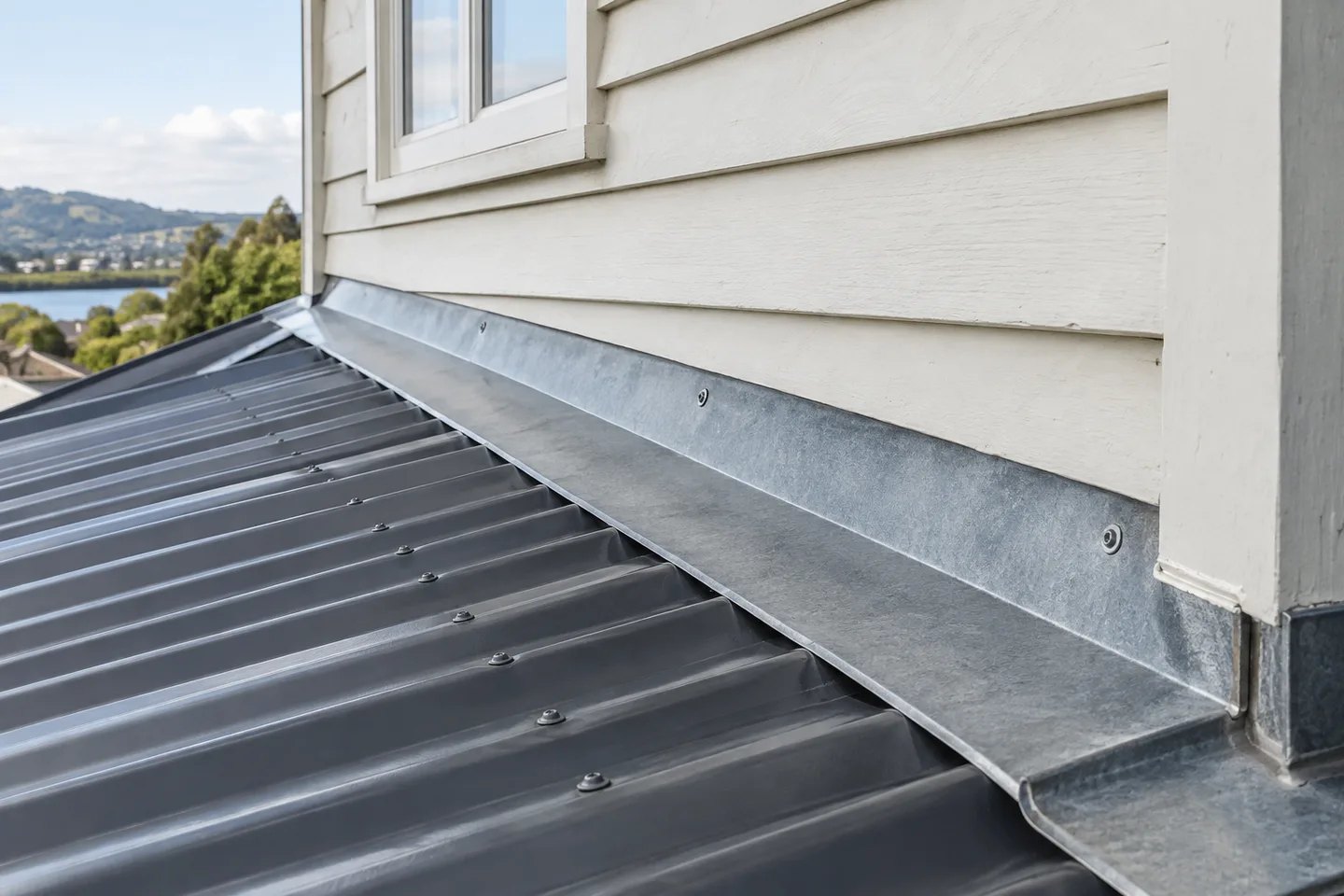 Roofing concept: close view of metal apron flashing where a roof meets a weatherboard wall