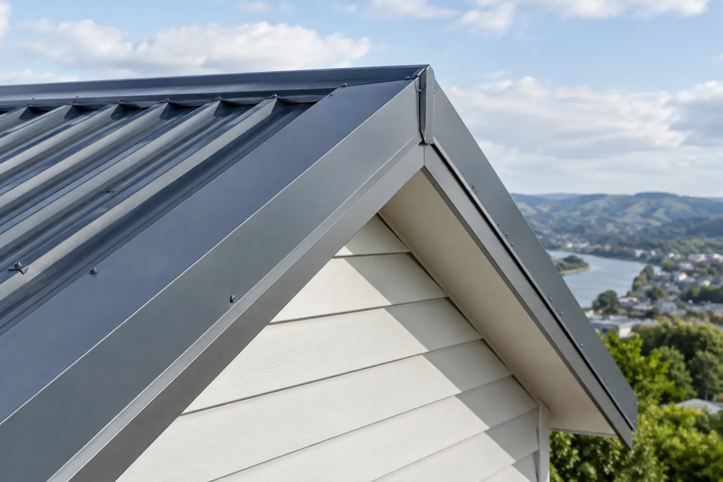 Roofing concept: close-up of a metal barge flashing along a gable roof edge