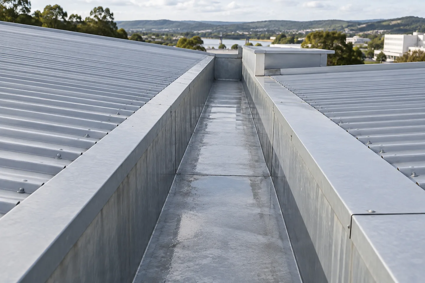Roofing concept: an accessible metal box gutter between commercial roof sections