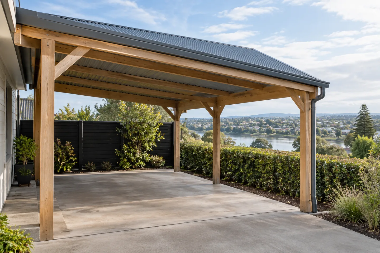 Roofing concept: open-sided timber carport with a metal roof and gutter