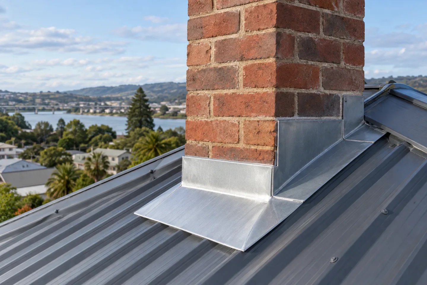 Roofing concept: a brick chimney with neatly detailed metal roof flashing