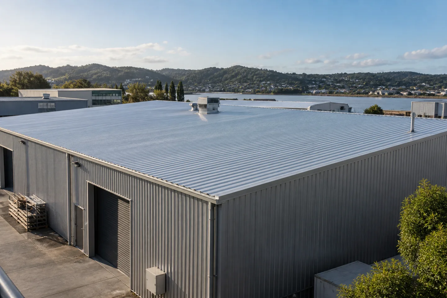 Roofing concept: A light industrial building with a broad metal roof