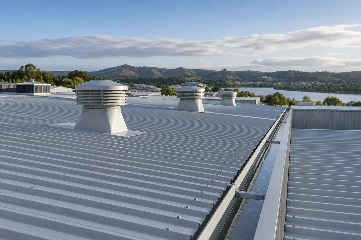 Roofing concept: commercial metal roof with orderly vents and clear drainage channels