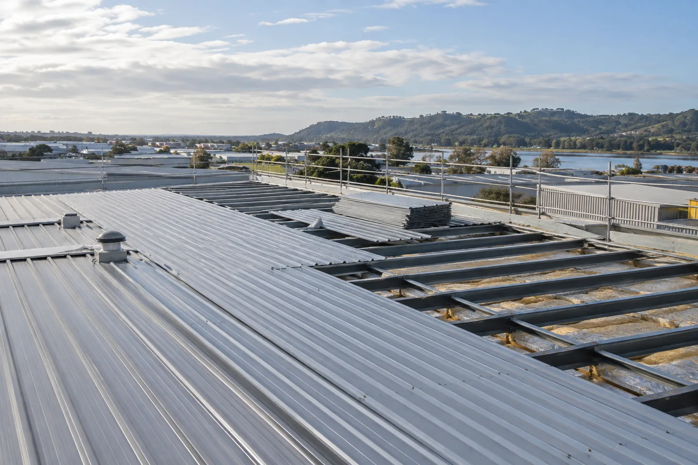 Roofing concept: partially renewed industrial metal roof with perimeter edge protection