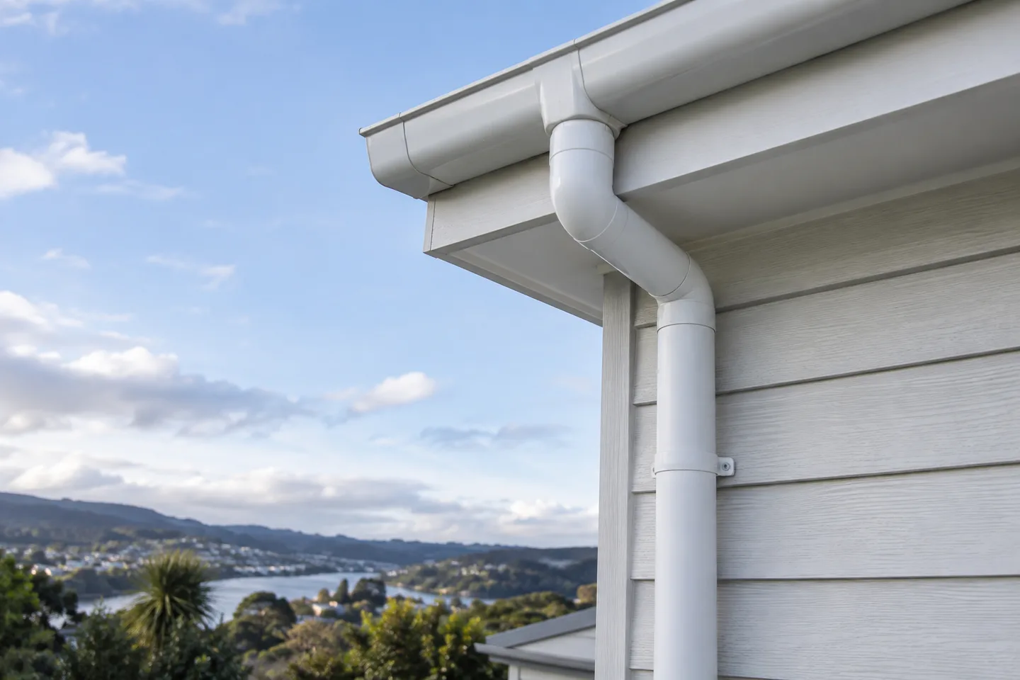 Roofing concept: a white round downpipe connected neatly to an external gutter