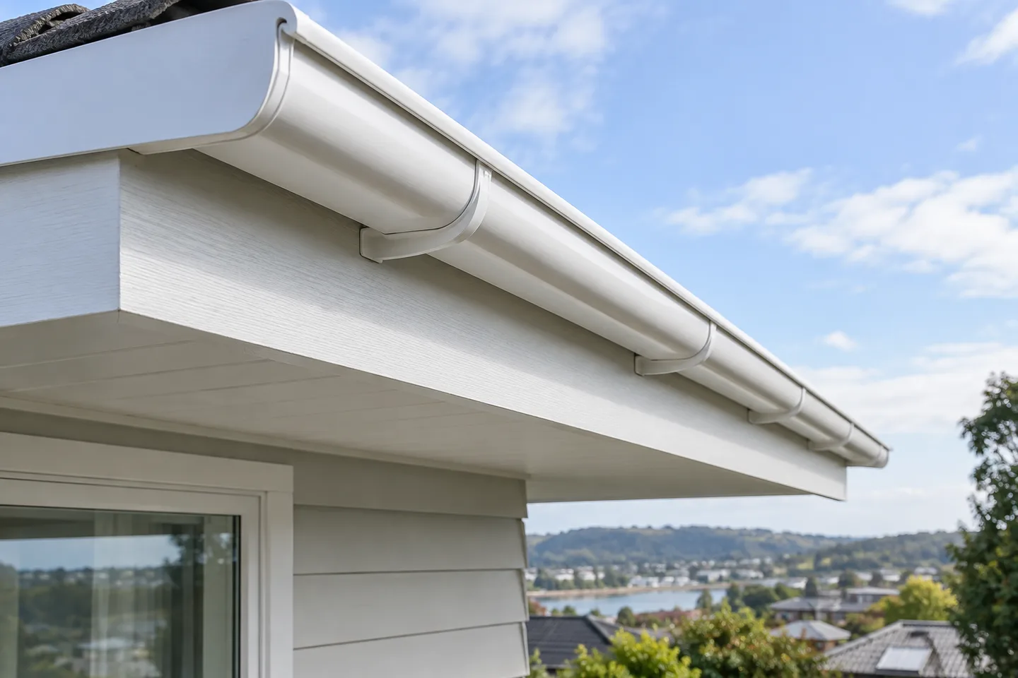 Roofing concept: new painted timber fascia board supporting a white gutter