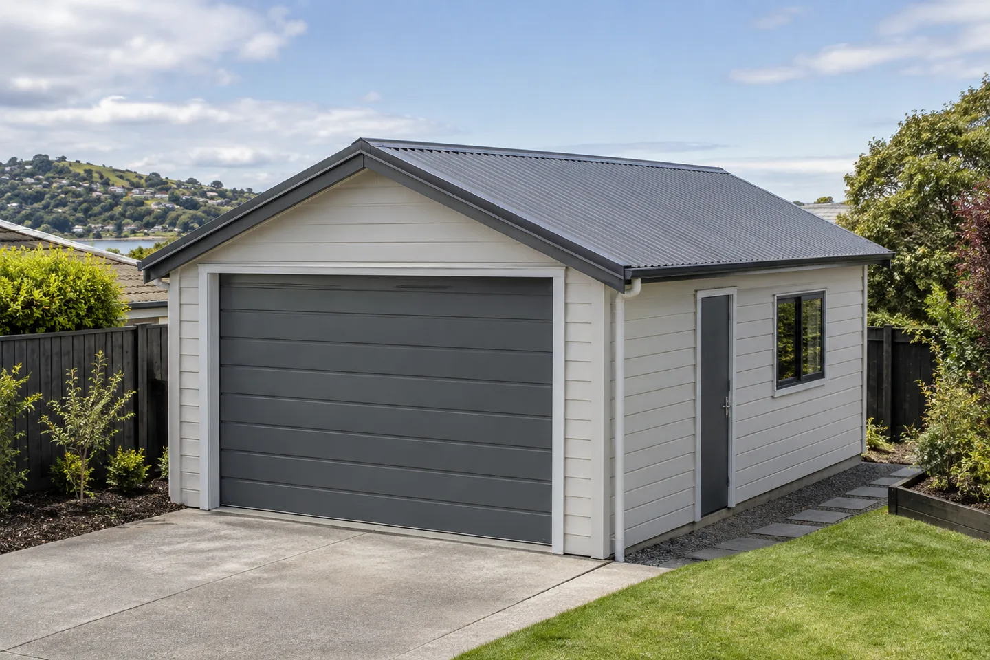 Roofing concept: a detached single garage with a new grey corrugated roof