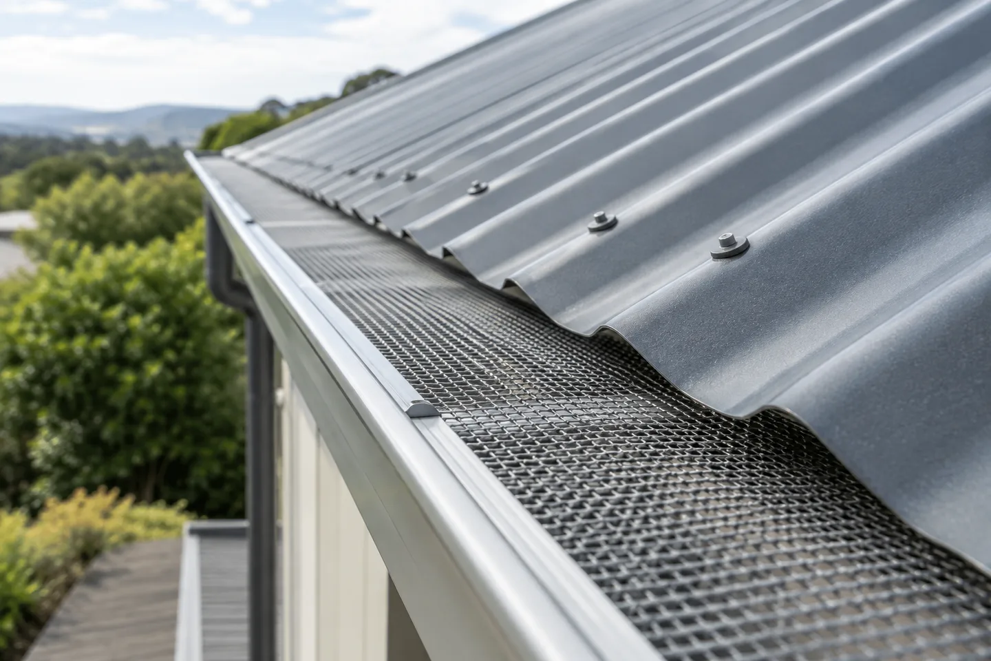 Roofing concept: close view of mesh gutter guard beside corrugated metal roof sheets