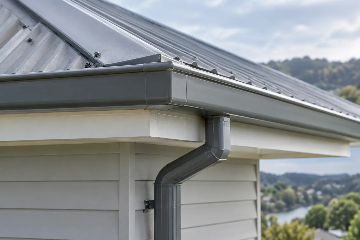 Roofing concept: close-up of a gutter corner joint beneath a metal roof