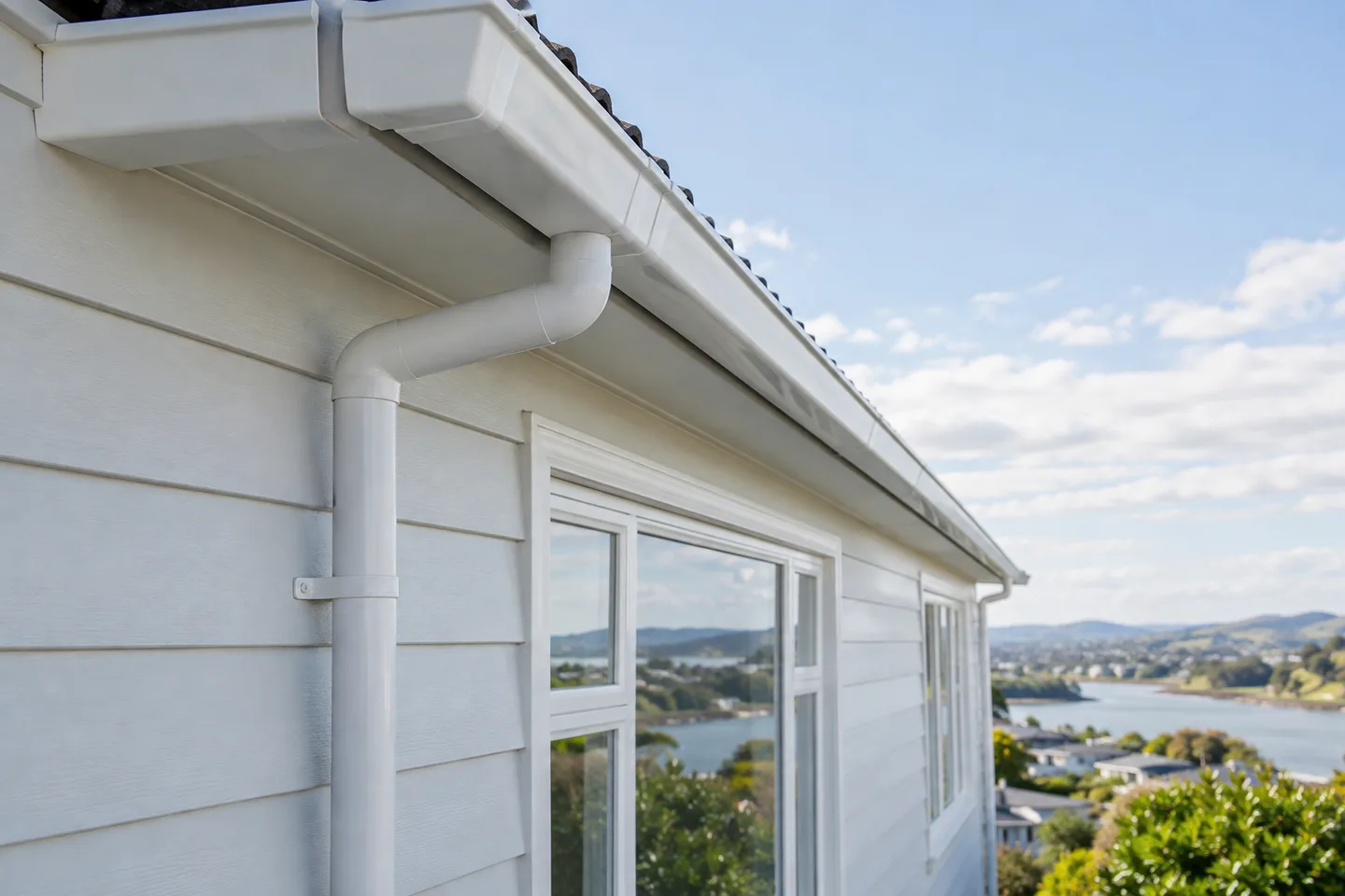 Roofing concept: new white external guttering along a weatherboard home