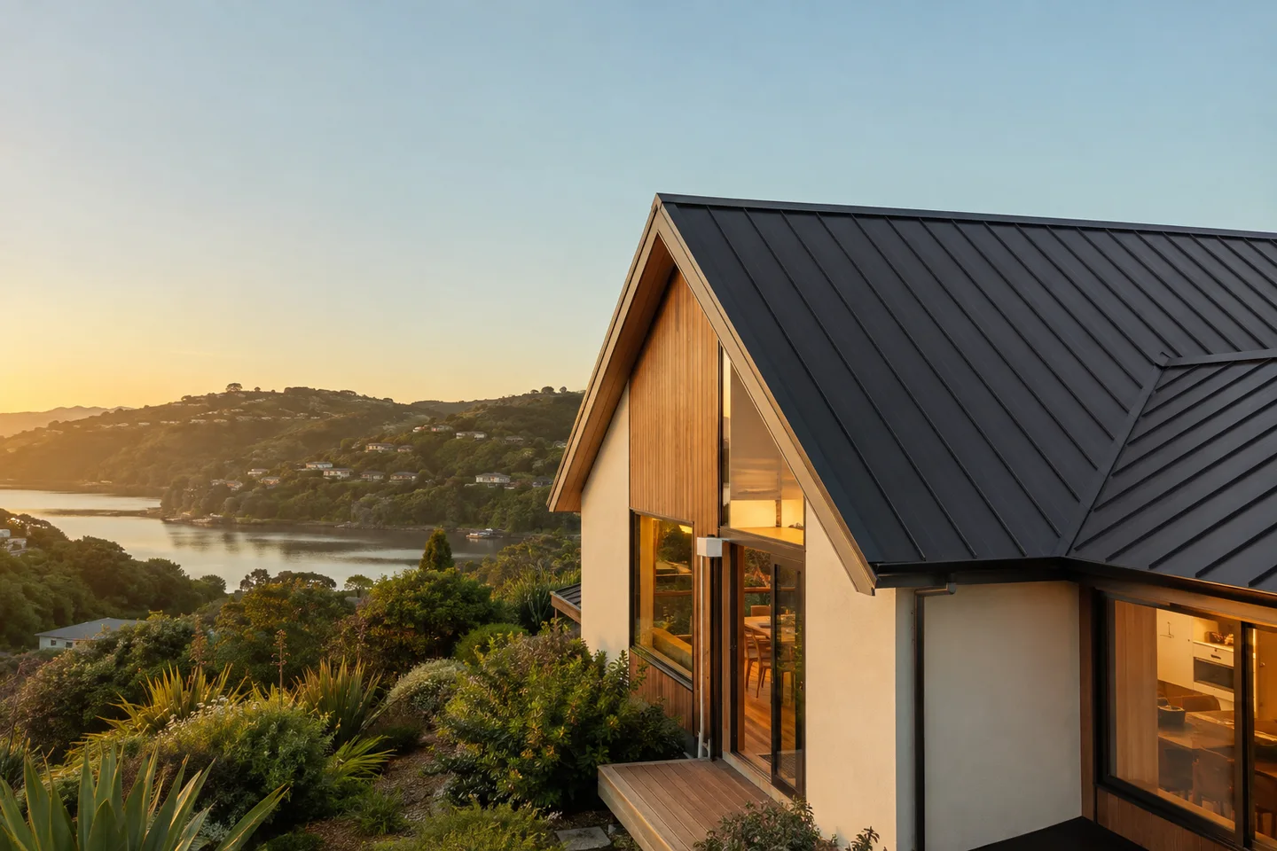 New Zealand timber home with a charcoal metal roof