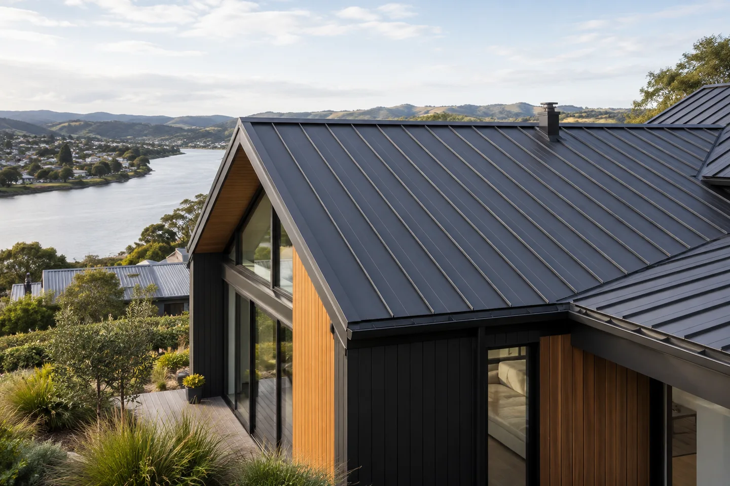Roofing concept: Long metal roof panels on a contemporary house