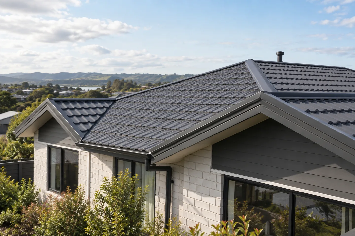 Roofing concept: pressed metal tile roof on a suburban New Zealand house