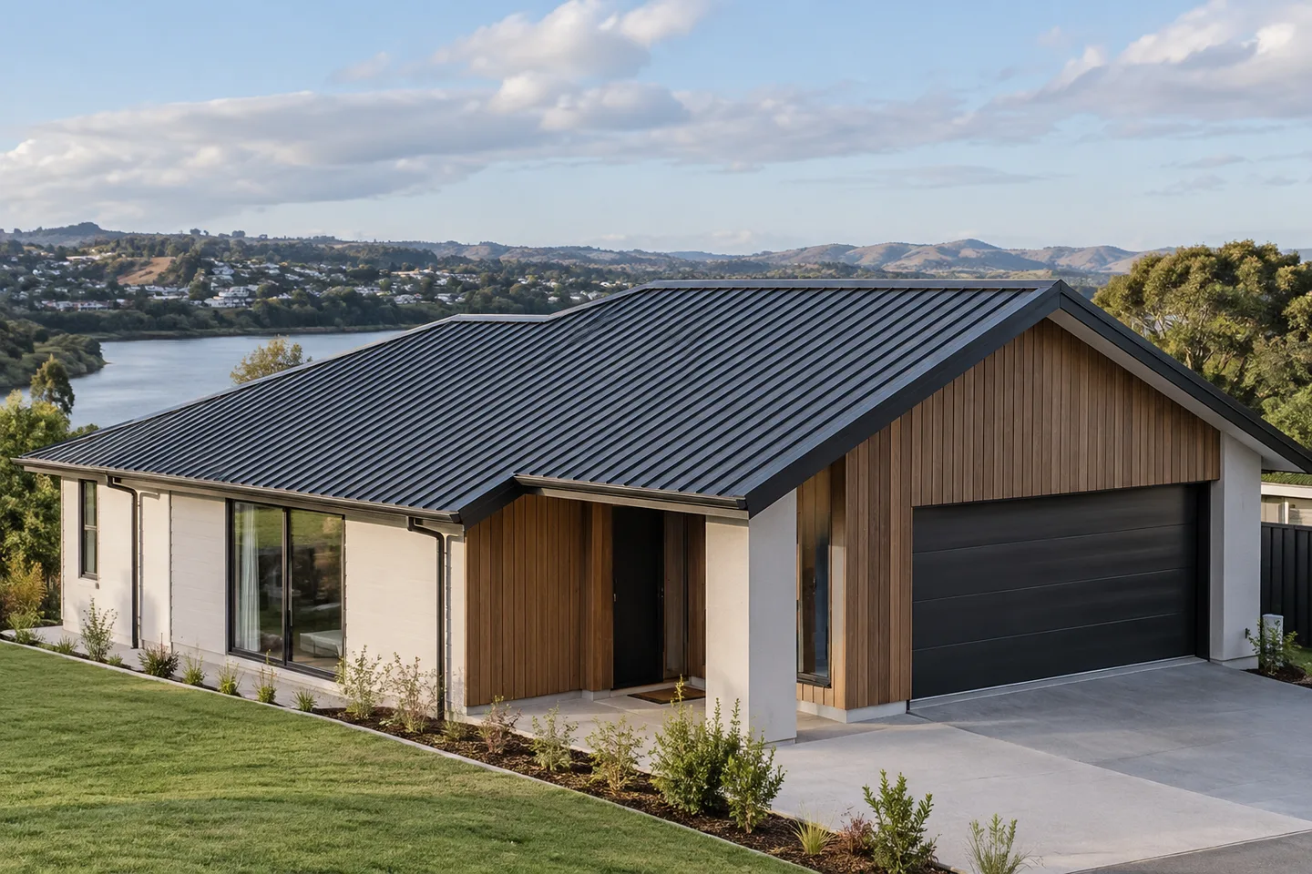 Roofing concept: A contemporary new home with a finished metal roof