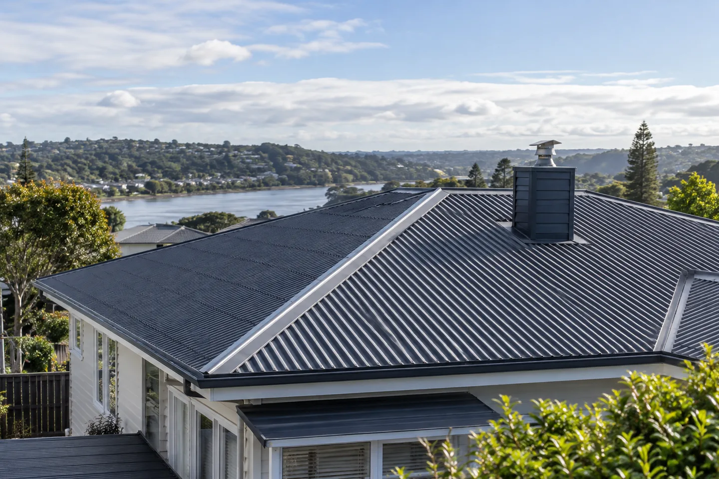 Roofing concept: a residential roof viewed clearly from a raised exterior viewpoint