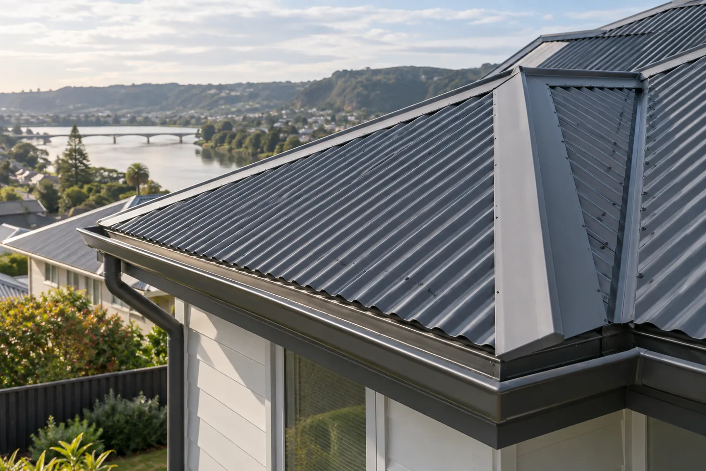 Roofing concept: a tidy residential metal roof with clear gutters and roof valleys
