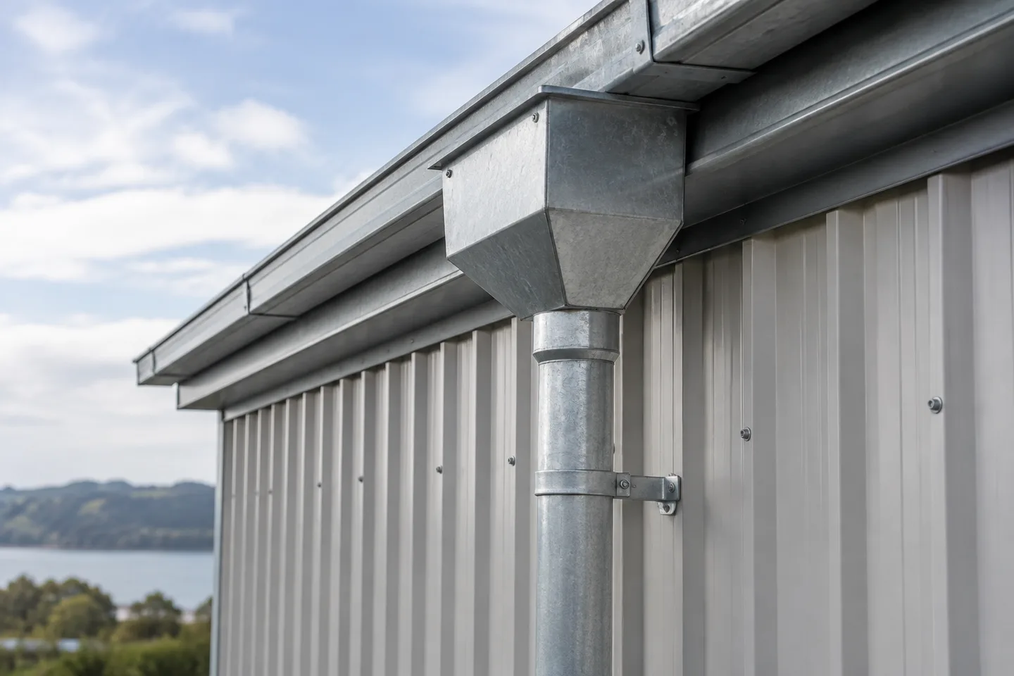 Roofing concept: metal rainwater head and downpipe on an industrial building exterior