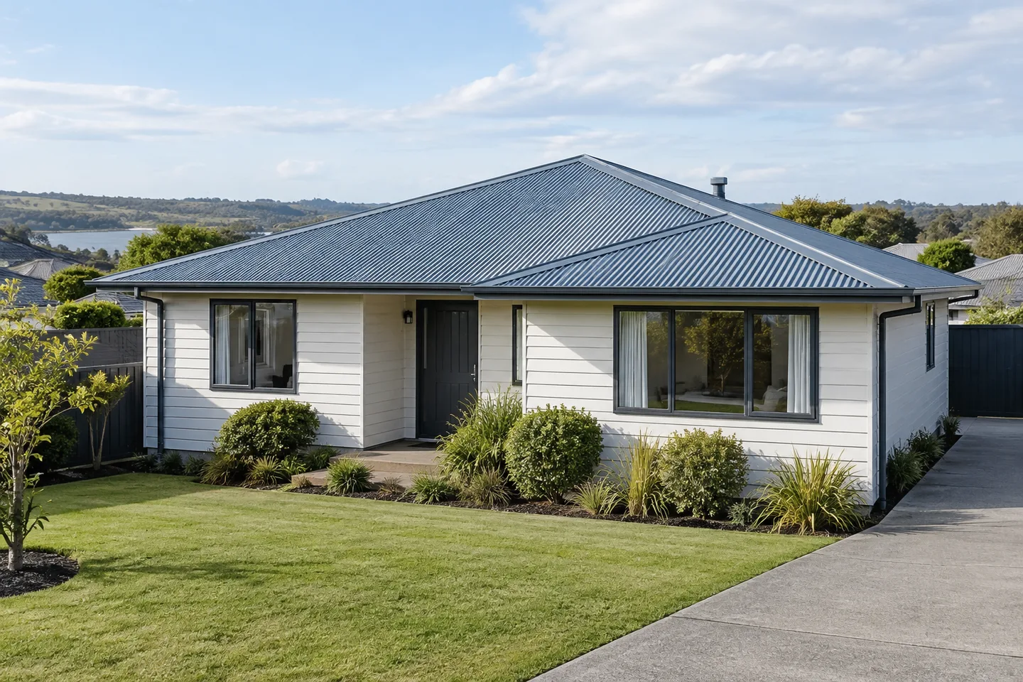 Roofing concept: a tidy single-storey rental home with a metal roof