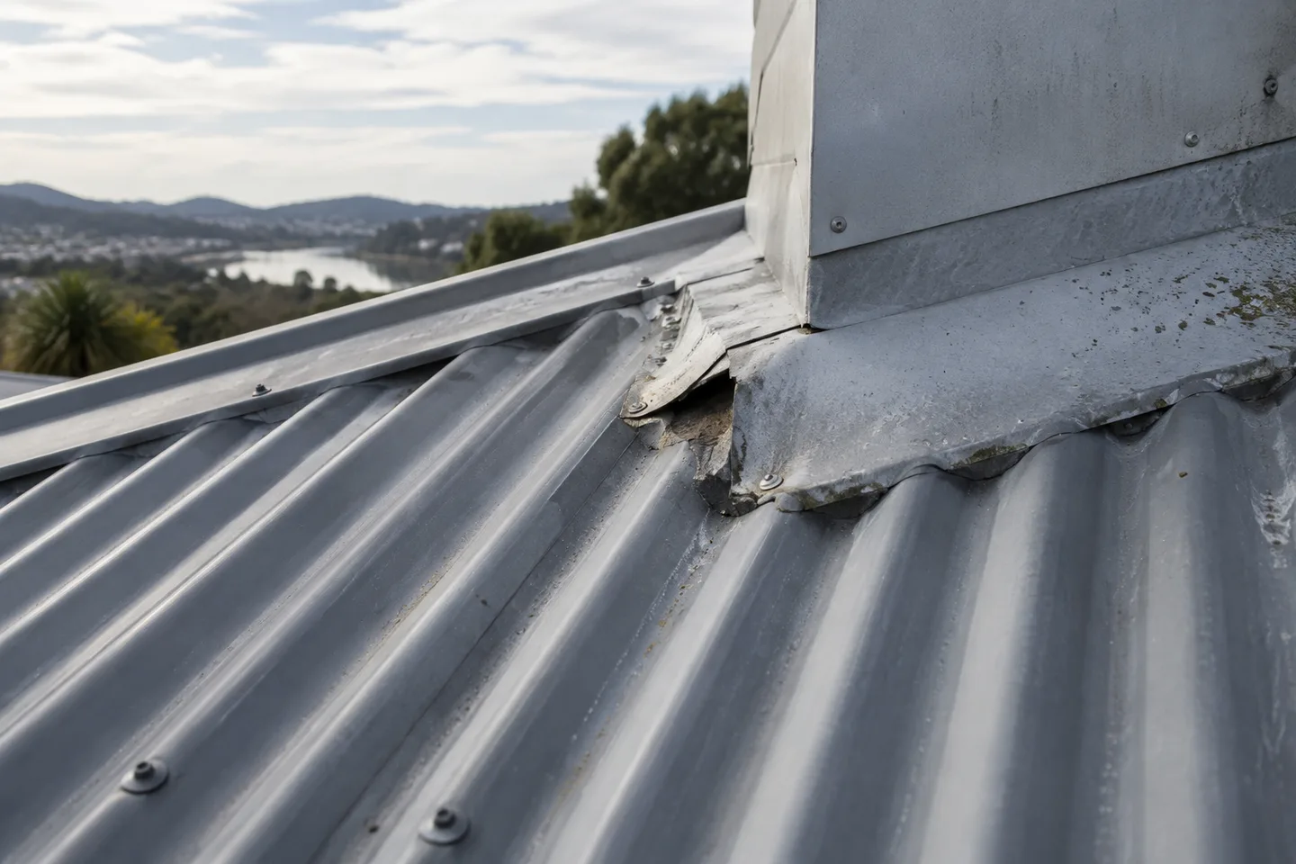 Roofing concept: A weathered metal roof flashing at a chimney junction