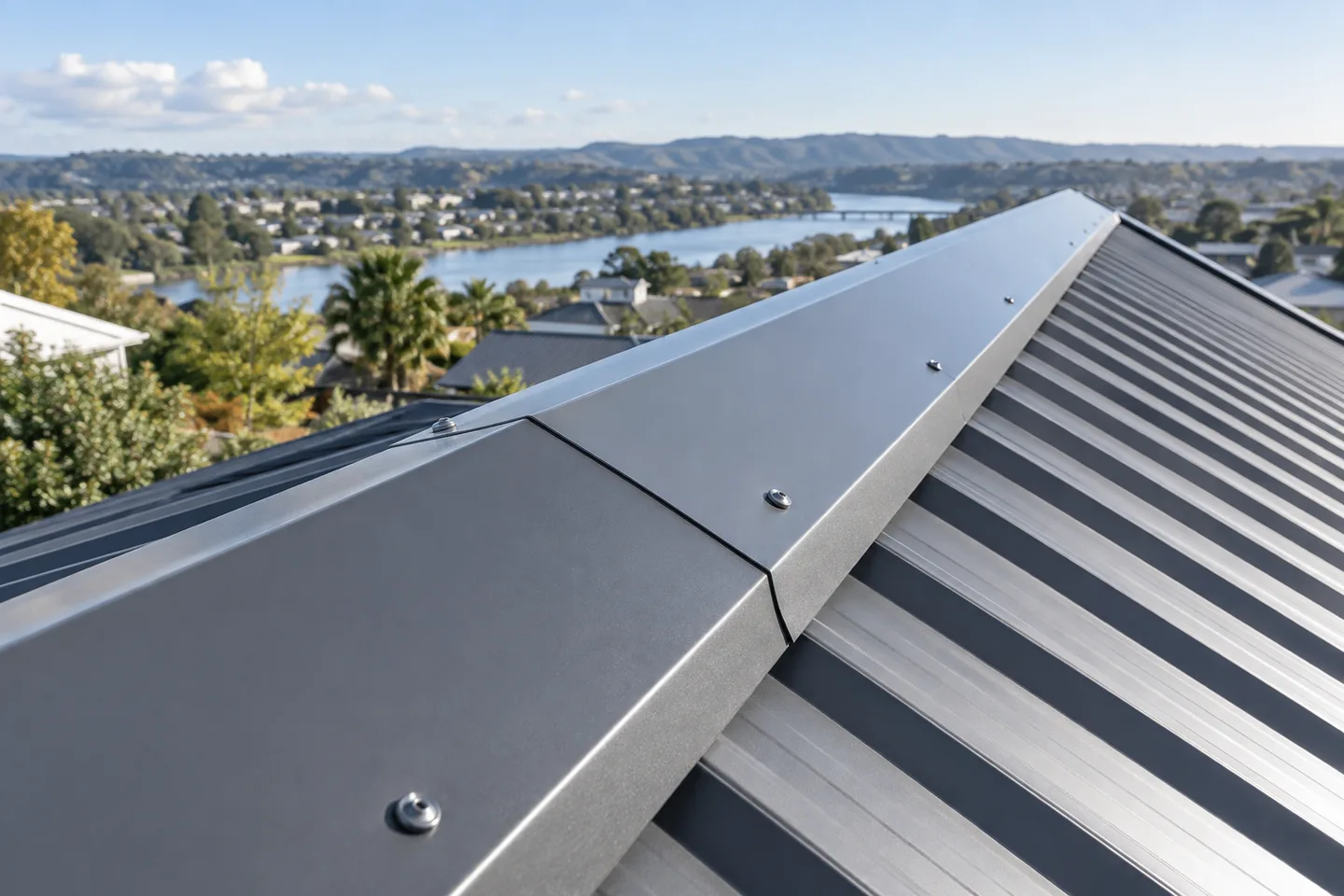 Roofing concept: close-up along a crisp metal ridge cap on a gabled roof