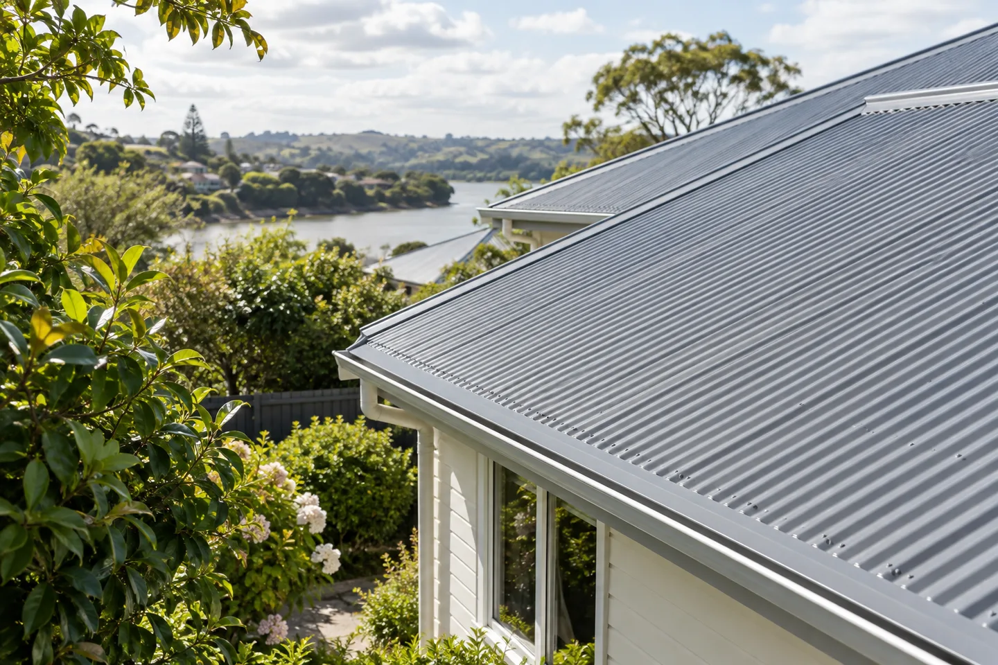 Roofing concept: clean corrugated roofing beside a leafy garden in soft daylight