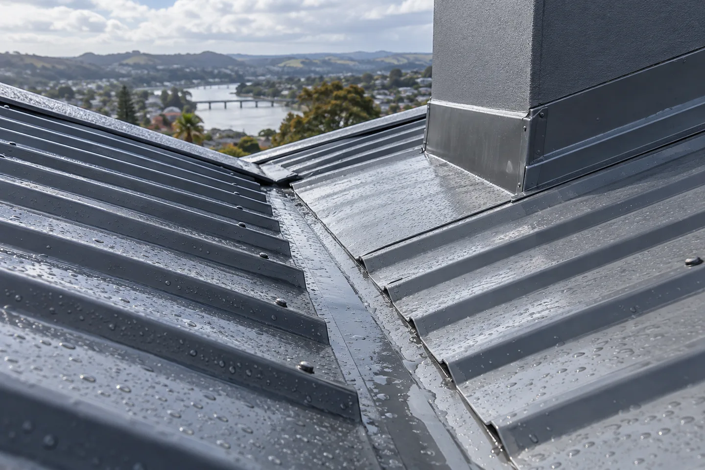 Roofing concept: close view of a metal roof valley and adjoining flashing after rain