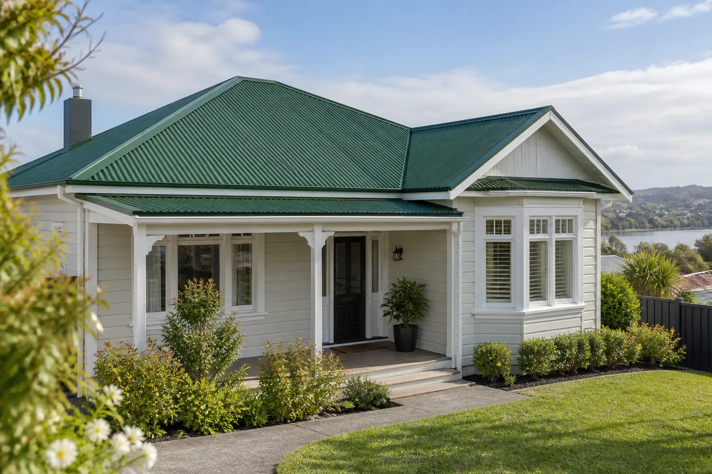 Roofing concept: a well-maintained bungalow with a freshly finished deep green metal roof