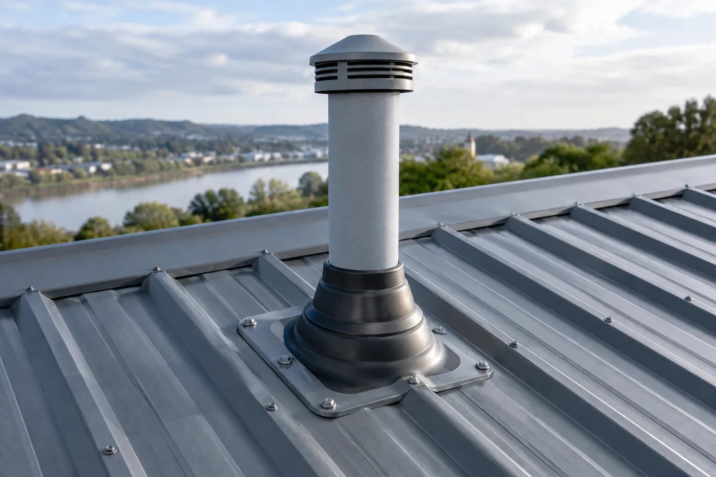 Roofing concept: a single vent pipe with a neatly fitted flashing boot on metal roofing