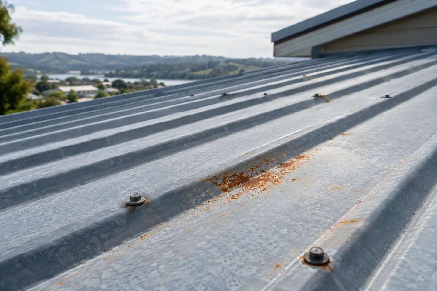 Roofing concept: weathered metal roofing with a small surface corrosion area in close detail