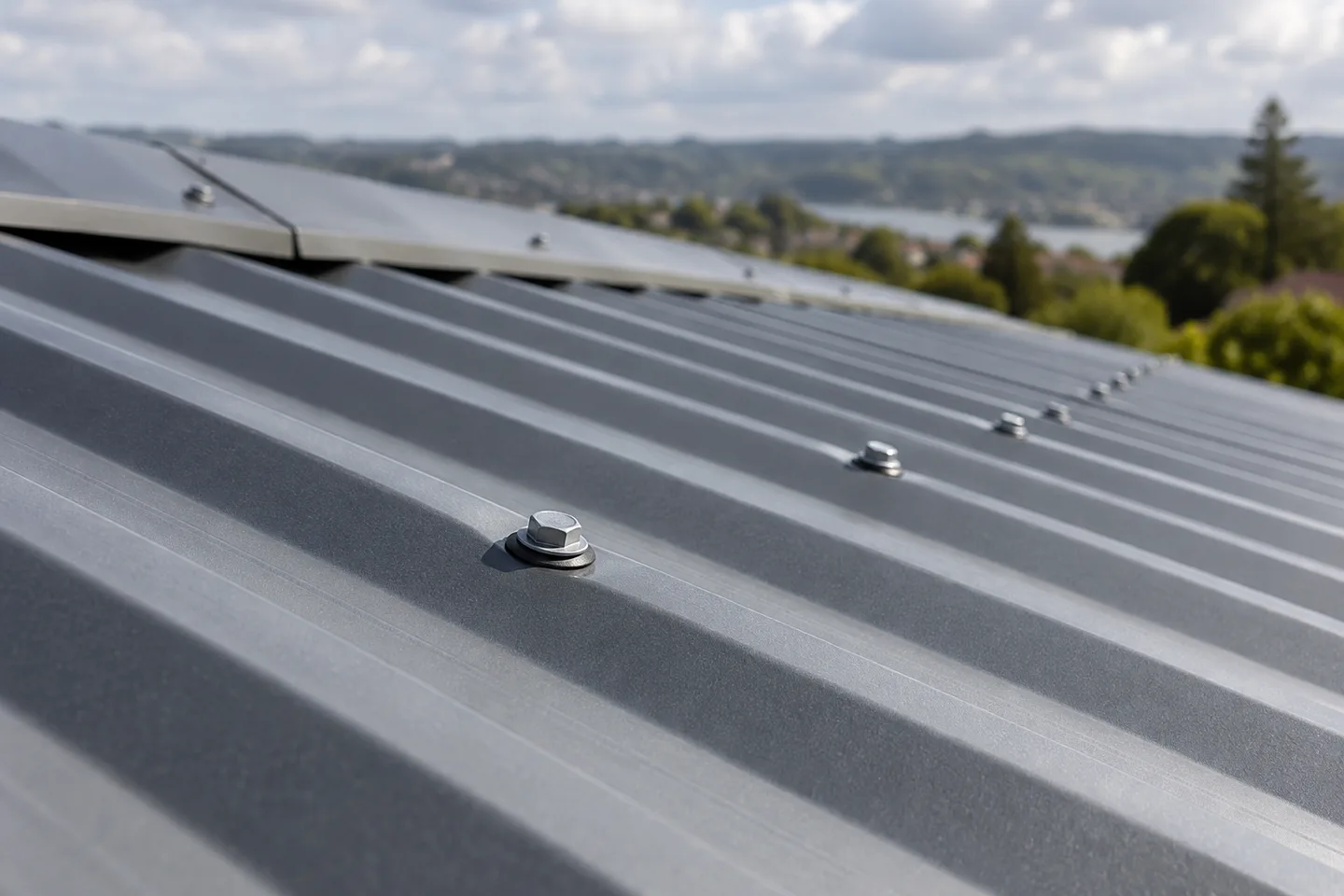 Roofing concept: close-up of correctly seated roof screws on grey corrugated metal