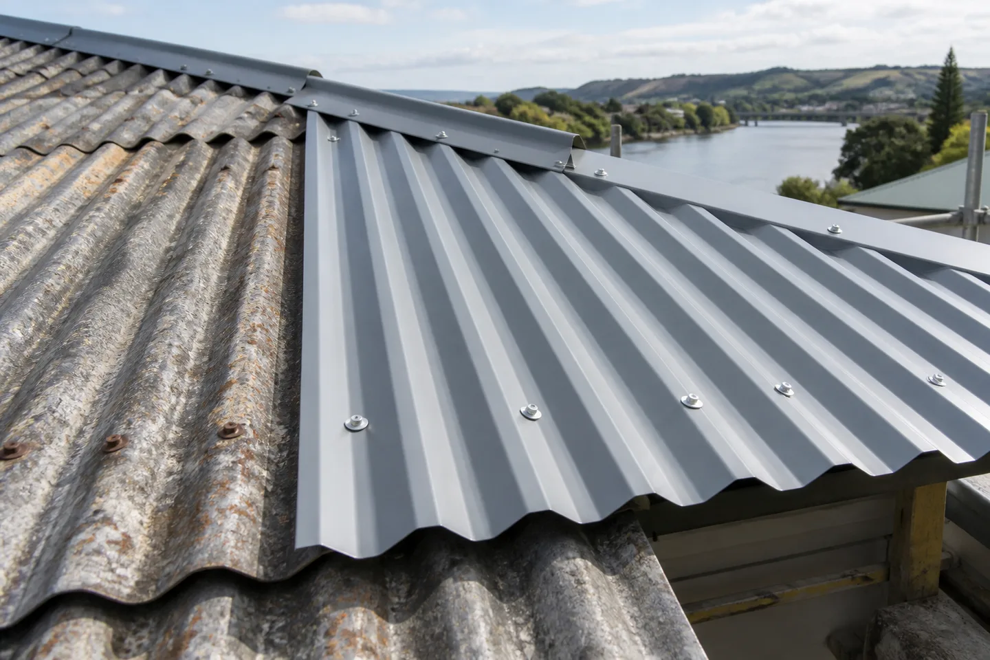 Roofing concept: close view of a replacement corrugated roof sheet beside older sheets