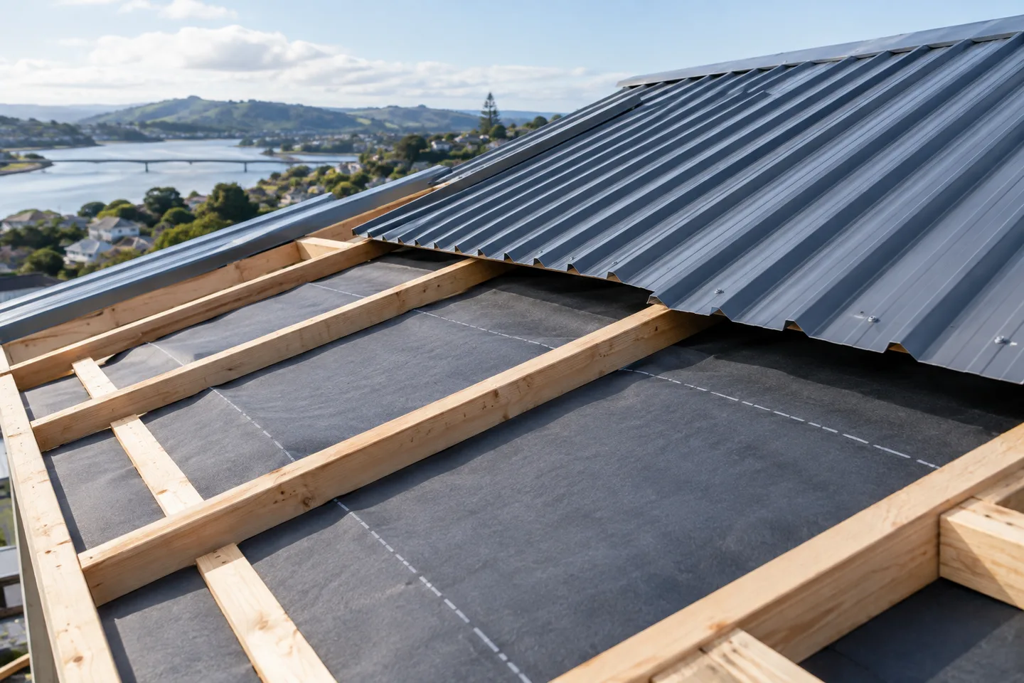 Roofing concept: roofing underlay neatly laid on timber framing beneath partially installed metal sheets