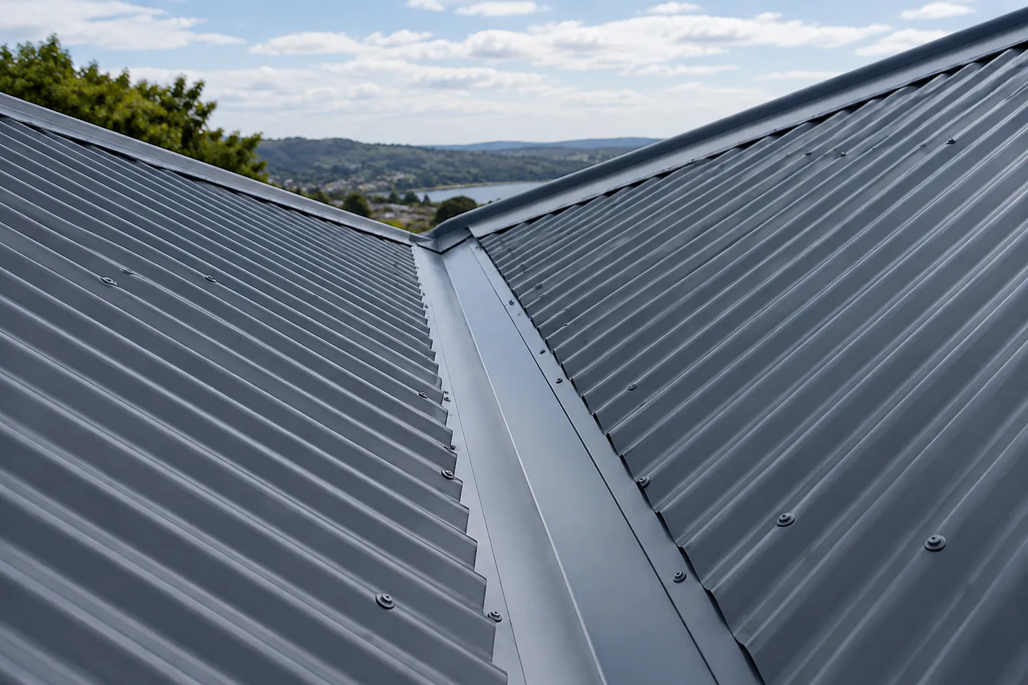 Roofing concept: a clean metal valley between two corrugated roof slopes