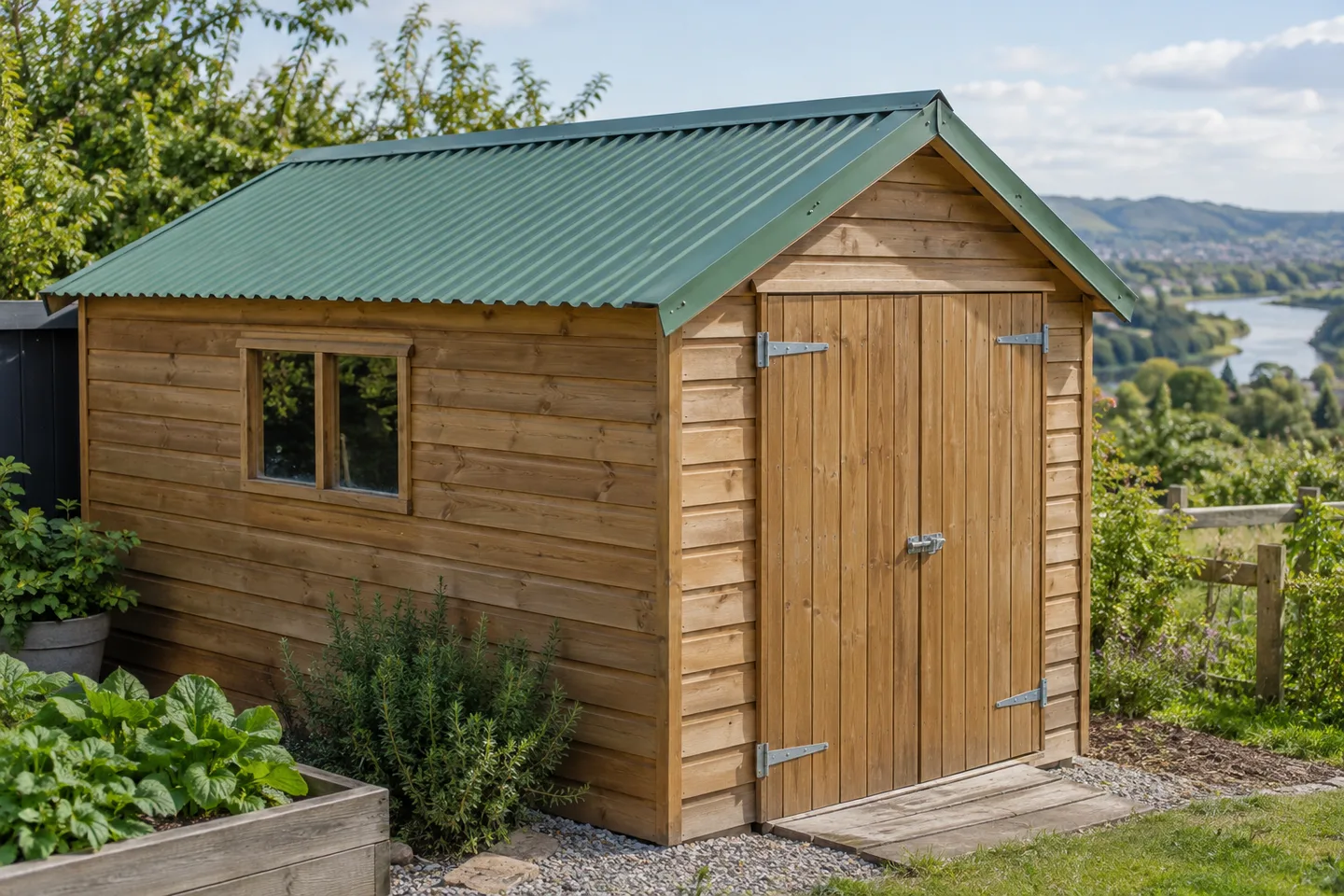 Roofing concept: a timber garden shed with green corrugated roofing