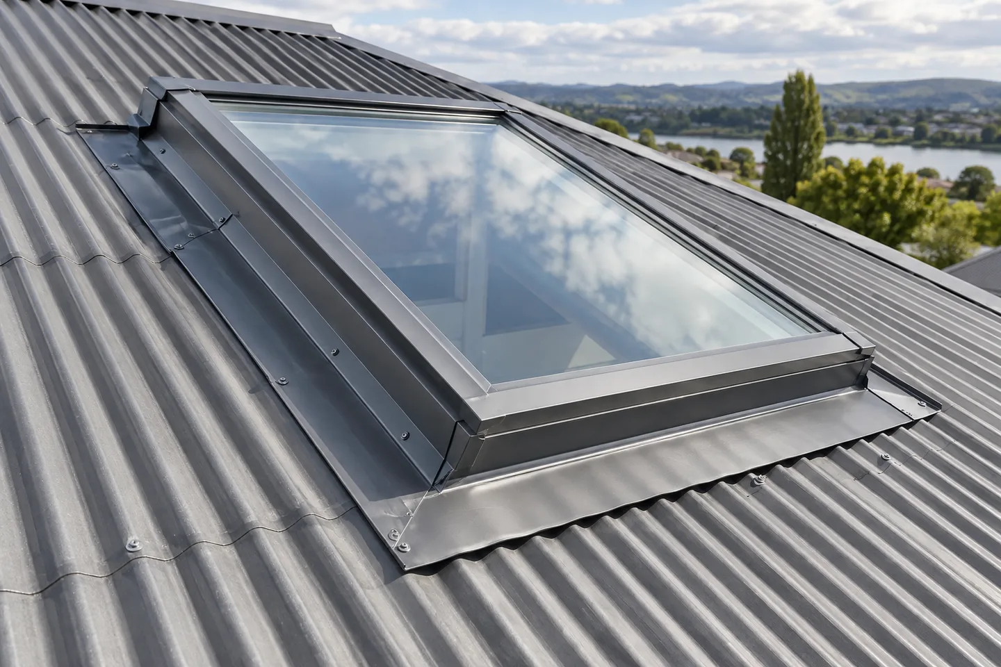 Roofing concept: a rectangular roof window with metal flashing on a corrugated roof