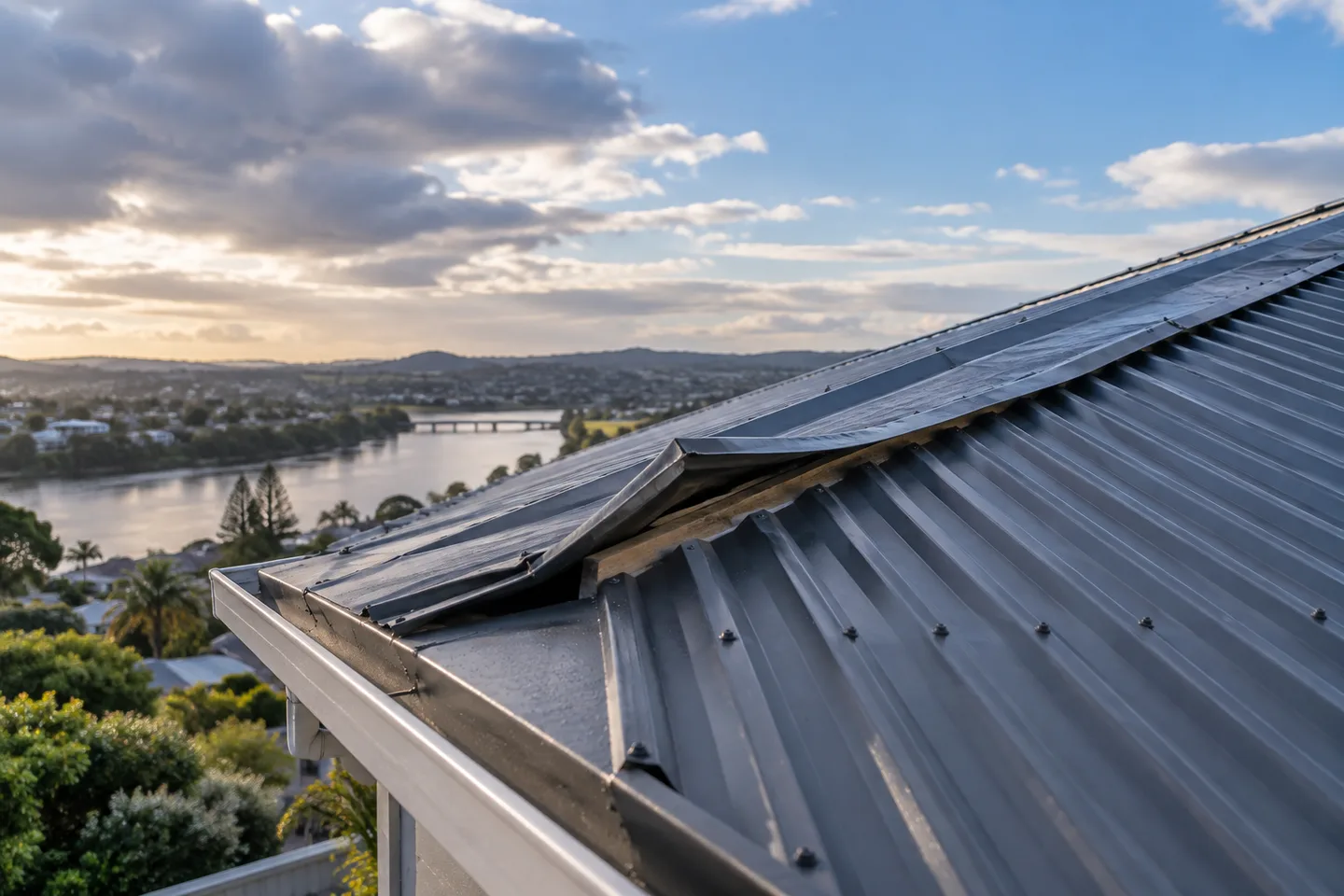 Roofing concept: a storm-affected metal roof with a visibly lifted edge under clearing skies