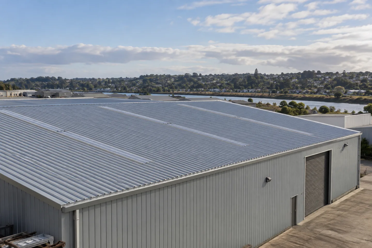 Roofing concept: wide metal roof on a modest warehouse building