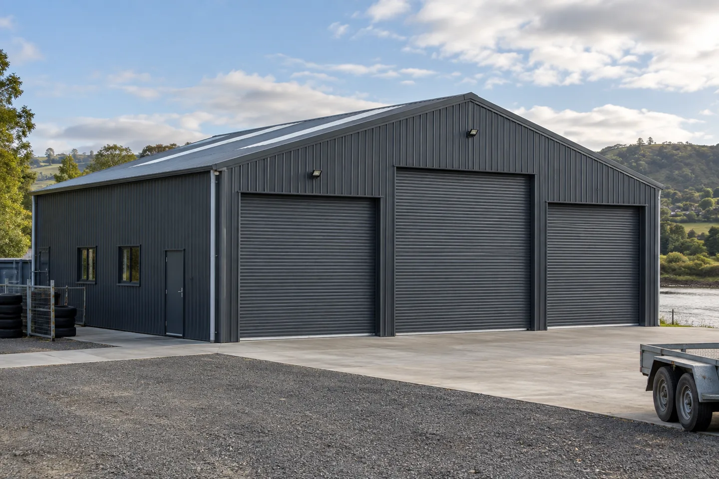 Roofing concept: metal-roofed automotive workshop with closed roller doors